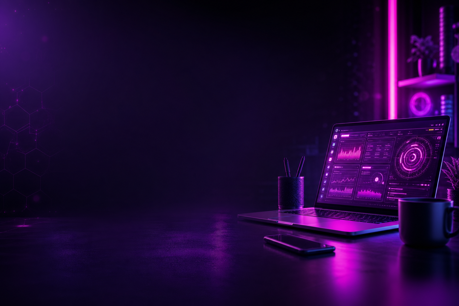 Cena final com interface digital e brilho neon magenta