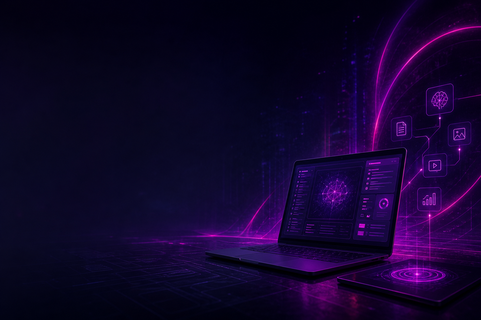 Cena futurista escura com energia neon e interface de criação digital
